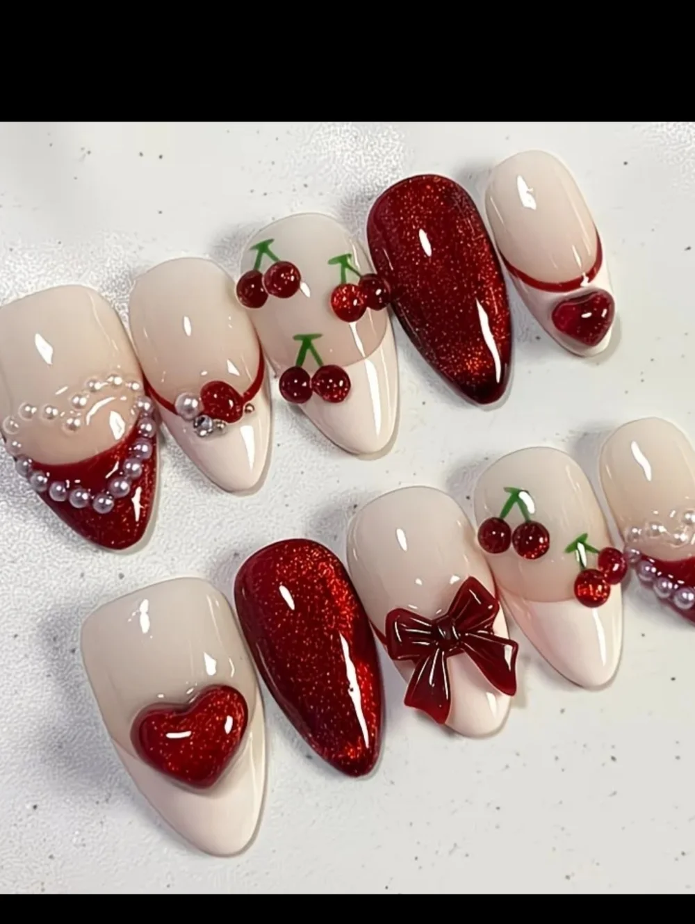 10 Count Red Cherry & Heart 3D Press-On Nails